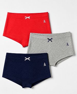 Pine Kids Cotton Elastane Knit Bloomers with Bow Applique Pack of 3 - Red, Grey & Black