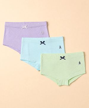Pine Kids Cotton Elastane Knit Bloomers With Bow Applique Pack of 3 - Lavender & Light Blue