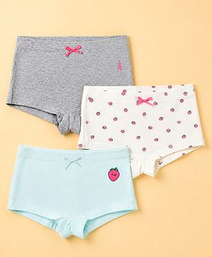 Pine Kids Cotton Elastane Knit Bloomers With Strawberry Print Pack of 3 - Grey & White