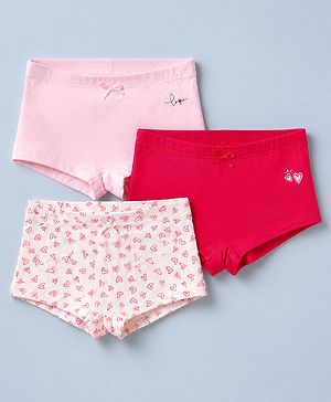 Pine Kids Cotton Elastane Knit Bloomers With Heart Print & Bow Applique Pack of 3 - Red & Pink
