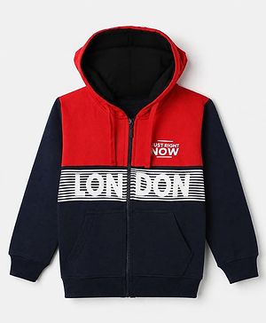 Pine Kids Cotton Mix Knit Sweatshirt with Full Sleeves and London Slogan Print in Navy Blue