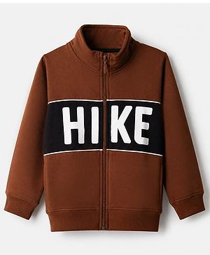 Pine Kids Cotton Mix Knit Sweatshirt with Full Sleeves and Hike Print in Brown