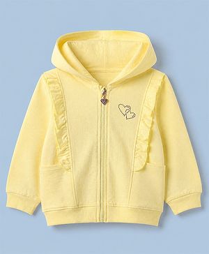 Babyhug 100% Cotton Knit Full Sleeves Heavy Gauge Sweatshirt with Front Zipper and Hearts Sequins in Yellow