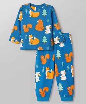 Babyhug Cotton Knit Full Sleeves Co-ord T-Shirt & Pajama Night Suit with Bunny Bear Squirrel Print - Teal Blue