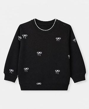 Babyhug 100% Cotton Knit Sweatshirt with Full Sleeves and Bows Embroidery in Black