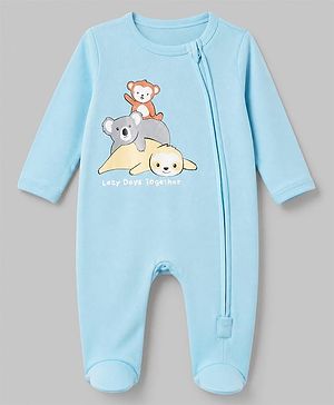 Babyhug Cotton Knit Front Zipper Full Sleeves Sleep Suit with Lazy Days Together Text & Sloth Koala Monkey Print - Blue