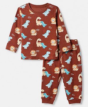 Babyhug Cotton Interlock Knit Rib Full Sleeves Co-ord T-Shirt & Pajama Night Suit with Dinosaur Print - Brown