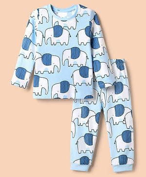 Babyhug Cotton Knit Full Sleeves Co-Ords T-Shirt & Pyjama Set Night Suit With Elephant Print - Blue