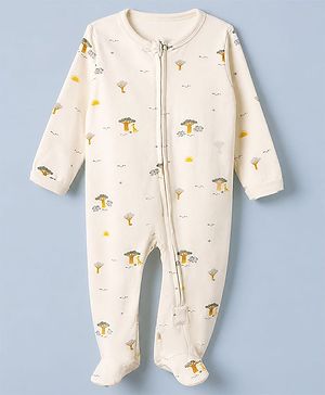 Babyhug Cotton Knit Full Sleeves Sleep Suit with Giraffe Elephant & Trees Print - Off White