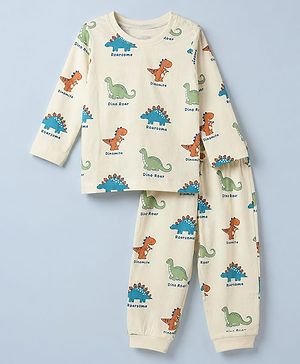 Babyhug Cotton Knit Full Sleeves Co-ord T-Shirt & Pajama Night Suit with Dino Roar, Roarsome Text & Dinosaur Print - Beige