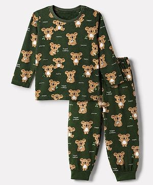 Babyhug Cotton Knit Full Sleeves Co-ords T-shirt & Pyjama Night Suit With Bear Print - Green