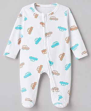 Babyhug Cotton Knit Full Sleeves Sleep Suit With Vehicle Print - White