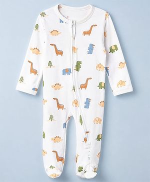 Babyhug Cotton Knit Full Sleeves Sleep Suit with Dinosaur Print - White