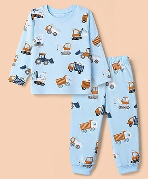 Babyhug Cotton Knit Full Sleeves Co-ord T-Shirt & Pajama Night Suit with Construction Vehicle Print - Light Blue