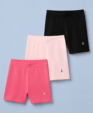Pine Kids Cotton Blend Knit Solid Cycling Shorts with Chevron Embroidery Pack of 3 - Black Light PInk & Pink