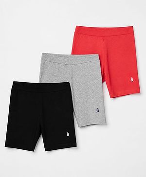 Pine Kids Cotton Lycra Knit Above Knee Length Cycling Shorts Pack of 3 - Red Grey & Black