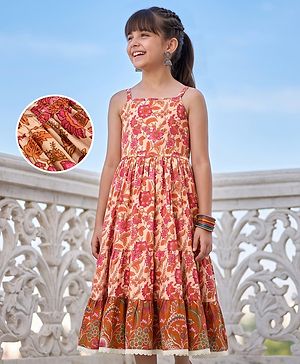 Pine Kids 100% Cotton Woven Ethnic Dress with Sleeveless and Floral Print Pattern - Brown