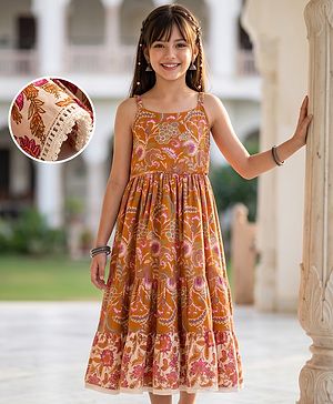 Pine Kids 100% Cotton Woven Ethnic Dress with Sleeveless and Floral Print Pattern - Cream