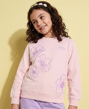 Pine Kids Cotton Mixes Knit Sweatshirt with Full Sleeves and Floral Puffed Print - Pink