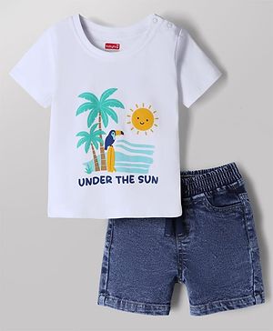 Babyhug Cotton Mixes Single Jersey Knit Half Sleeves T-Shirt and Denim Short Set with Landscape Print - White & Blue