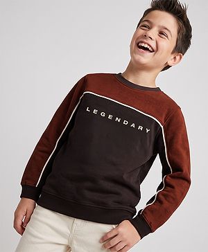 Pine Kids Cotton Knit Sweatshirt with Full Sleeves and Legendary Text Print - Brown