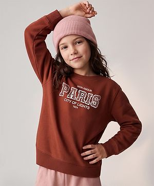 Pine Kids Cotton Knit Sweatshirt with Full Sleeves and Paris Print in Brown for 4-5 Years