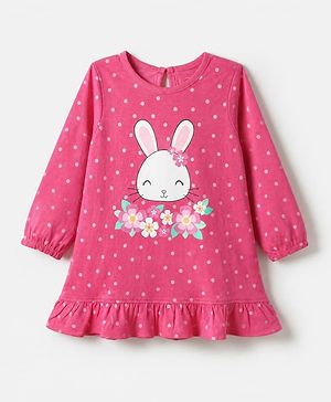 Babyhug Cotton Knit Full Sleeves Nighty With Rabit Print - Dark Pink