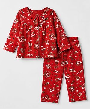 Babyhug Cotton Knit Front Open Full Sleeve Co-ord Top & Pajama Night Suit with Floral Print - Red