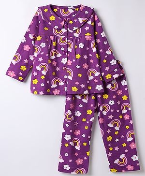 Babyhug Cotton Knit Front Open Full Sleeves Co-ord Top & Pajama Night Suit with Rainbow Stars & Floral Print - Purple