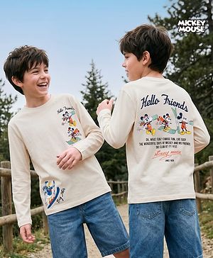 Pine Kids Disney 100% Cotton Single Jersey Knit T-Shirt with Full Sleeves and Frot '7 Back Mickey Mouse Skiing Print - Cream