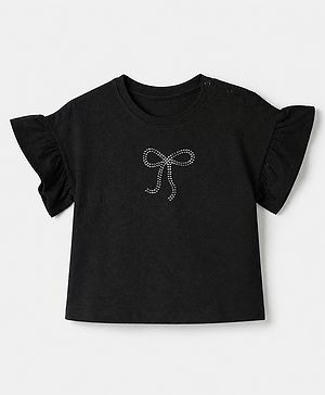 Babyhug 100% Cotton Knit T-Shirts with Half, Frill Sleeves and Bow Sequins in Black