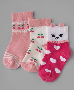 Cutewalk By Babyhug Anti-Bacterial Ankle Length Knit Socks with Cherry , Heart & Cat Design Pack Of 3 - Pink & White