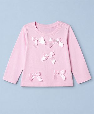 Babyhug 100% Cotton Knit T-Shirt with Full Sleeves and Bow Applique in Pink