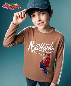Pine Kids Marvel 100% Cotton Single Jersey Knit T-Shirts with Full Sleeves and New York Brooklyn Text & Spider Man Front & Back Print - Brown