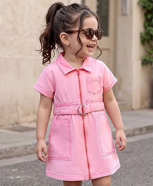 Babyhug Twill Woven One Piece Frock with Half Sleeves in Pink