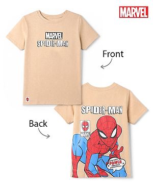 Pine Kids Marvel 100% Cotton Single Jersey Knit T-Shirt with Half Sleeves and Spider-Man Print in Light Brown