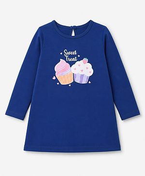 Babyhug 100% Cotton Knit 3/4th Sleeves Nighty with Cup Cake Print - Navy Blue