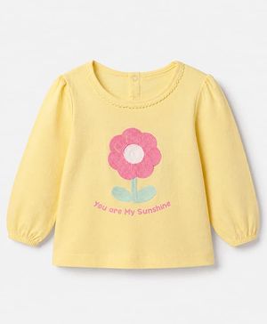 Babyhug 100% Cotton Knit T-Shirt with Full Sleeves and Flower Embroidery in Yellow