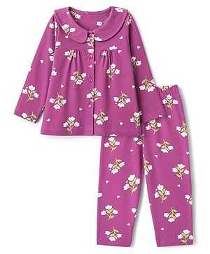 Babyhug 100% Cotton Knit Full Sleeves Co-Ords Top & Pyjama Night Suit with Floral Print - Purple