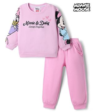Babyhug Disney Terry Knit Full Sleeve Drop Shoulder T-shirt and Joggers With Minnie & Daisy Graphic - Pink