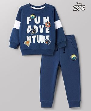 Babyhug Disney Terry Knit Full Sleeves T-Shirt & Joggers Set with Text Print & Mickey Mouse Graphic - Blue