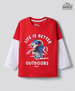 Babyhug Disney Single Jersey Knit T-Shirt with Full Sleeves and Mickey Mouse Print - Red