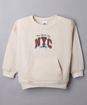 Bonfino Disney Fleece Knit Sweatshirt with Full Sleeves and Stitch & Text Print - Offwhite