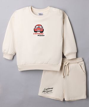 Bonfino Disney Fleece Knit Full Sleeve Sweatshirt and Shorts With Front and Back Mc Queens Graphics - Offwhite