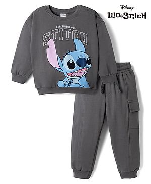 Bonfino Disney Fleece Knit Full Sleeves T-shirts & Joggers Set With Stitch Graphics - Grey