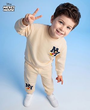 Bonfino Disney Fleece Knit Full Sleeves Sweatshirt and Joggers Set With Mickey Mouse Graphics - Offwhite