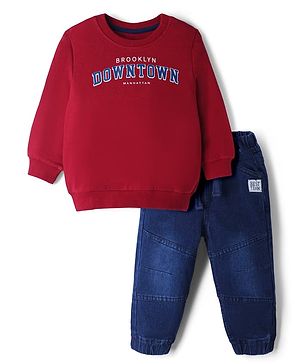 Babyhug Single Jersey Knit Full Sleeves T-Shirt With Text Print & Joggers Set - Red & Blue