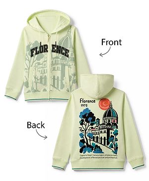 Pine Kids 100% Cotton Knit Hooded Sweatjacket with Full Sleeves and Cathedral Print in Light Green
