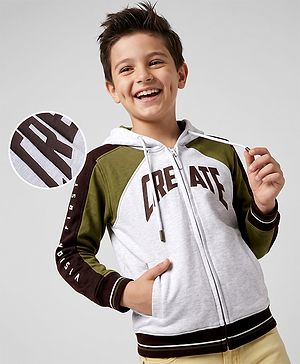 Pine Kids 100% Cotton Knit Full Sleeves Hooded Sweatshirt With Create Text Print- White