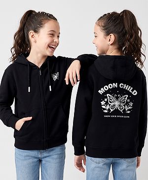 Pine Kids 100% Cotton Knit Full Sleeves Hooded Sweatshirt With Butterfly Print - Black